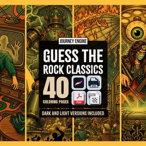 Livro de Colorir de Rock Clássico | Adivinhe a Música | 40 Cenas de Rock para Adultos | Presente para o Dia dos Pais | Download Instantâneo para Imprimir imagem 1