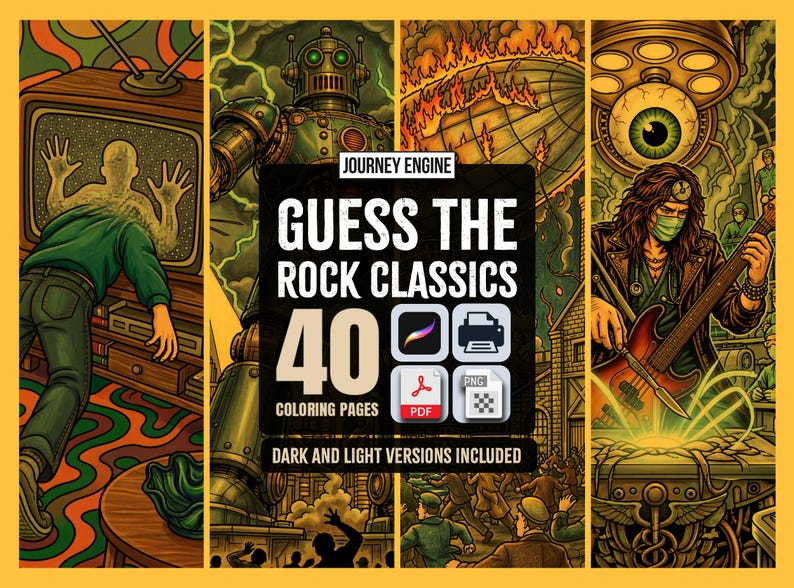 Livro de Colorir de Rock Clássico | Adivinhe a Música | 40 Cenas de Rock para Adultos | Presente para o Dia dos Pais | Download Instantâneo para Imprimir imagem 1
