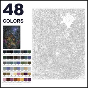 May include: A paint-by-numbers kit featuring a 48-color palette and a numbered outline of a cottage in a forest. The design includes a small house with a round door, surrounding trees, and a crescent moon. A finished reference image is included.