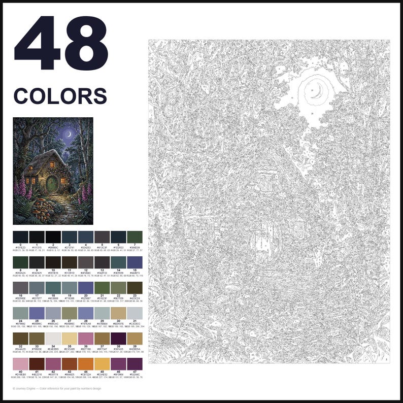 May include: A paint-by-numbers kit featuring a 48-color palette and a numbered outline of a cottage in a forest. The design includes a small house with a round door, surrounding trees, and a crescent moon. A finished reference image is included.