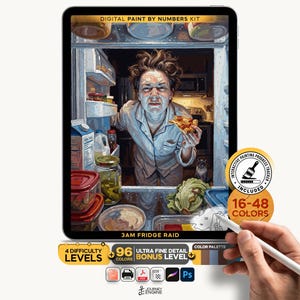 May include: A digital paint by numbers kit titled 3AM FRIDGE RAID displayed on a tablet screen. The artwork depicts a person looking into an open refrigerator at night while holding a slice of pizza. Includes icons for 16-48 colors and 4 difficulty levels.