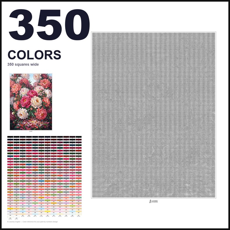 May include: A paint by numbers pattern featuring a large grid of 350 squares wide, a color reference chart with 350 distinct color swatches, and a small preview image of a floral arrangement with pink, red, and white peonies in a vase.