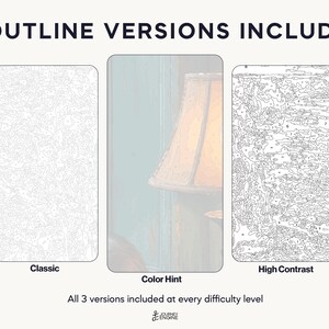 May include: Three paint-by-number outline versions labeled 3 OUTLINE VERSIONS INCLUDED. The left is Classic, the center is Color Hint showing a lamp, and the right is High Contrast. Text below reads All 3 versions included at every difficulty level.