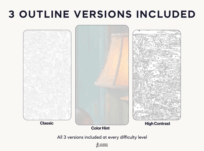 May include: Three paint-by-number outline versions labeled 3 OUTLINE VERSIONS INCLUDED. The left is Classic, the center is Color Hint showing a lamp, and the right is High Contrast. Text below reads All 3 versions included at every difficulty level.