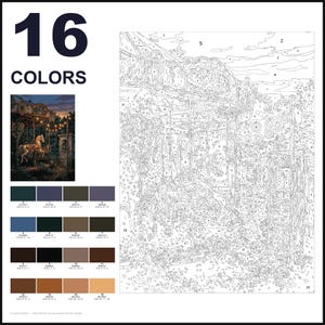 May include: A paint-by-numbers kit featuring a carousel scene with 16 colors. The layout includes a finished reference image, a numbered color palette with RGB values, and a large outline drawing of the carousel with numbered sections for painting.