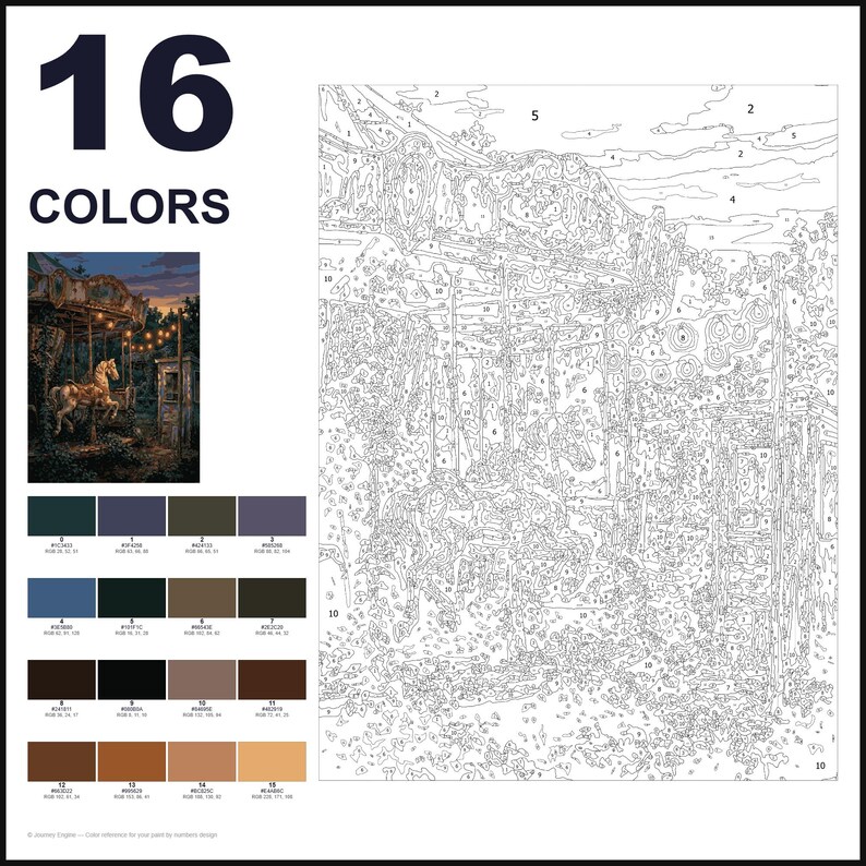 May include: A paint-by-numbers kit featuring a carousel scene with 16 colors. The layout includes a finished reference image, a numbered color palette with RGB values, and a large outline drawing of the carousel with numbered sections for painting.