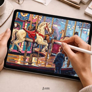May include: A digital tablet displaying a pixelated carousel horse illustration in shades of cream, red, and blue. The screen shows a grid-based artwork of a horse with a red saddle, and a white stylus is positioned over the display surface.
