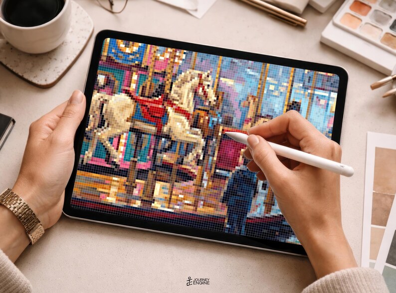 May include: A digital tablet displaying a pixelated carousel horse illustration in shades of cream, red, and blue. The screen shows a grid-based artwork of a horse with a red saddle, and a white stylus is positioned over the display surface.
