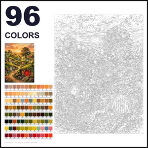 May include: A paint-by-numbers kit featuring 96 colors, a small color reference image of a landscape with round-door houses, and a large numbered outline canvas. The palette includes various shades of brown, green, yellow, and red for the scene.