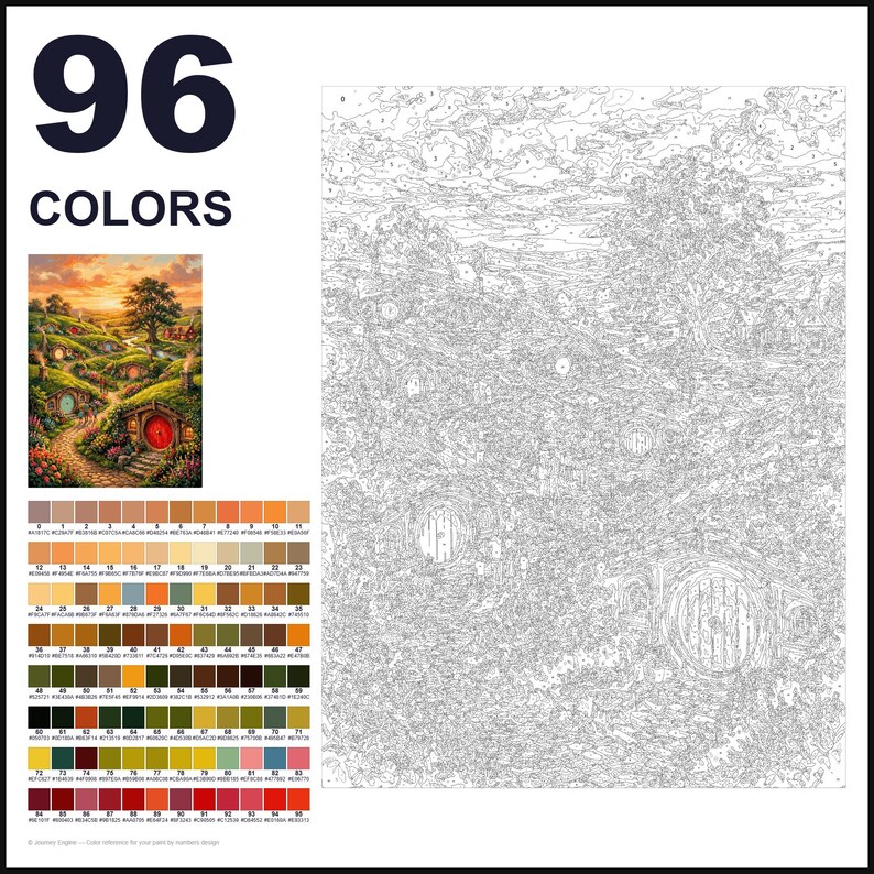 May include: A paint-by-numbers kit featuring 96 colors, a small color reference image of a landscape with round-door houses, and a large numbered outline canvas. The palette includes various shades of brown, green, yellow, and red for the scene.