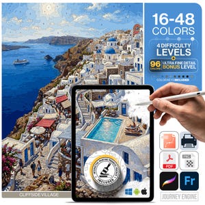 Santorini Malen nach Zahlen Digitaler Download | 4 Farbstufen 16-48 Farben | SVG PDF PNG | Erwachsene Farbe nach Zahl Griechenland Blue Dome Sunset Wall Art