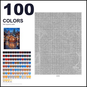 May include: A paint-by-numbers kit featuring 100 colors and a 100 squares wide grid. The set includes a reference image of a winter market scene, a numbered color palette with hex codes, and a large grid filled with numbers for painting.