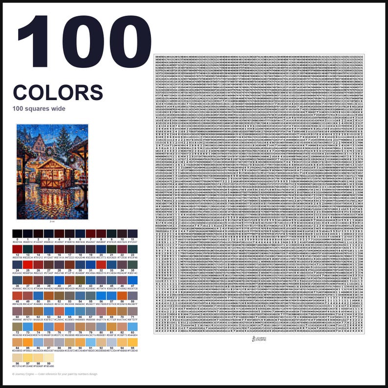 May include: A paint-by-numbers kit featuring 100 colors and a 100 squares wide grid. The set includes a reference image of a winter market scene, a numbered color palette with hex codes, and a large grid filled with numbers for painting.