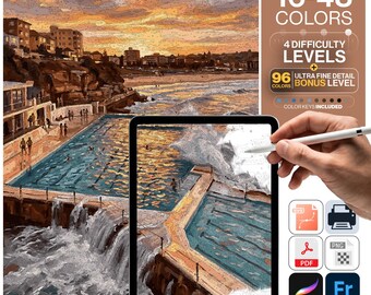 Sydney Paint by Numbers Digital | 5 Levels 16-96 Colors | Svg Pdf Png Procreate | Bondi Beach Icebergs Pool Sunset Printable Wall Art