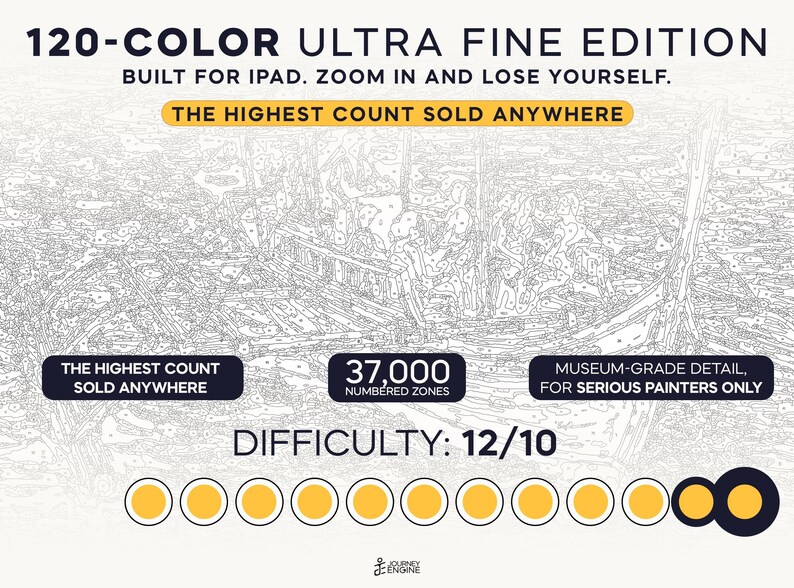 May include: A digital paint-by-number template titled 120-COLOR ULTRA FINE EDITION, featuring 37,000 numbered zones. The graphic includes the text BUILT FOR IPAD. ZOOM IN AND LOSE YOURSELF, THE HIGHEST COUNT SOLD ANYWHERE, and MUSEUM-GRADE DETAIL, FOR SERIOUS PAINTERS ONLY, with a difficulty rating of 12/10 represented by a row of yellow circles.