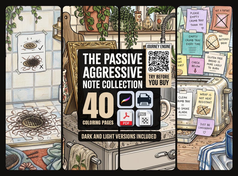 May include: A digital colouring book collection titled The Passive Aggressive Note Collection featuring 40 pages in PDF, PNG, and Procreate formats. The cover art displays kitchen and bathroom scenes with sticky notes, a toaster, and a drain.