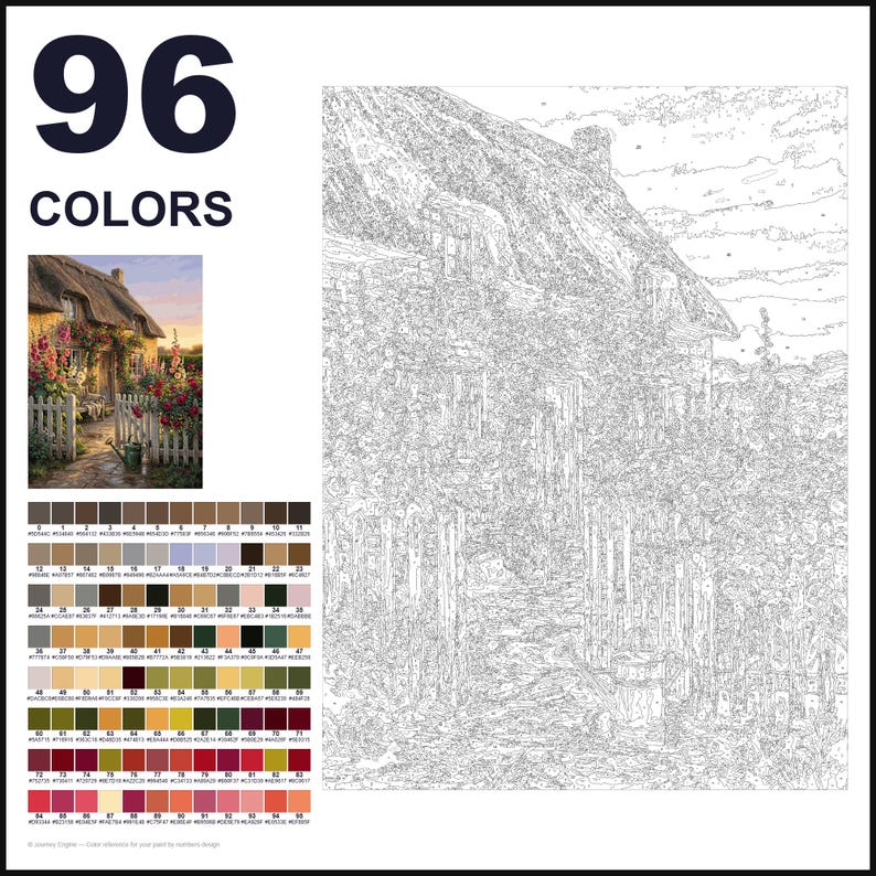 May include: A paint-by-numbers kit featuring a large outline drawing of a thatched cottage with a garden, a small color reference image, and a grid of 96 numbered color swatches with hex codes, labeled with the text 96 COLORS at the top.