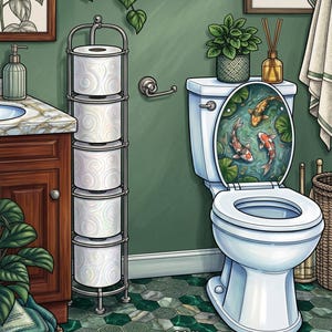May include: A white toilet with a decorative seat featuring a colourful koi fish and lily pad illustration. The bathroom includes a metal toilet paper stand holding five rolls, a green wall, and a green and white circular rug on the floor.