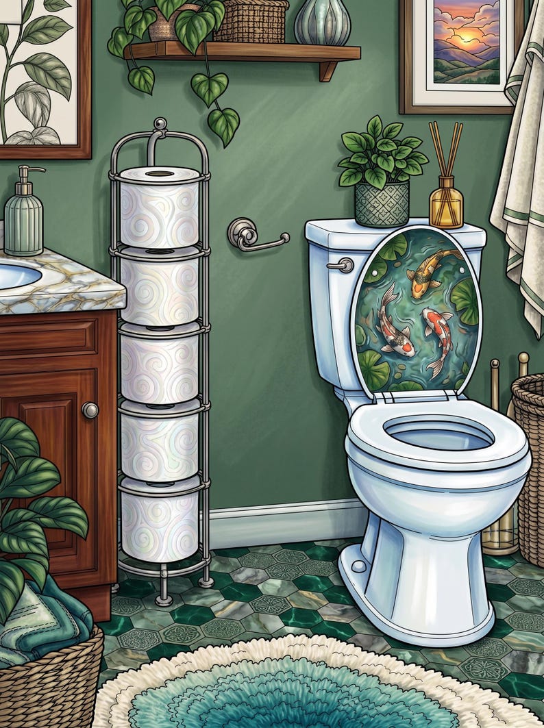May include: A white toilet with a decorative seat featuring a colourful koi fish and lily pad illustration. The bathroom includes a metal toilet paper stand holding five rolls, a green wall, and a green and white circular rug on the floor.