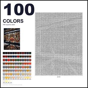 May include: A paint-by-numbers guide featuring the text 100 COLORS and 100 squares wide. It includes a small reference image of a festive storefront, a large grid filled with numerical codes, and a color palette chart with 100 distinct color swatches.