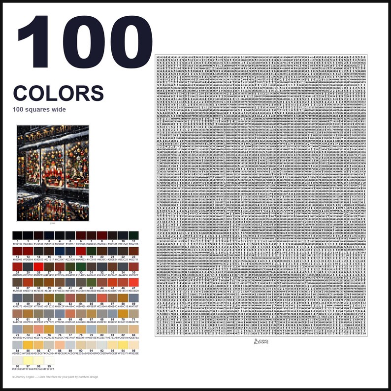 May include: A paint-by-numbers guide featuring the text 100 COLORS and 100 squares wide. It includes a small reference image of a festive storefront, a large grid filled with numerical codes, and a color palette chart with 100 distinct color swatches.