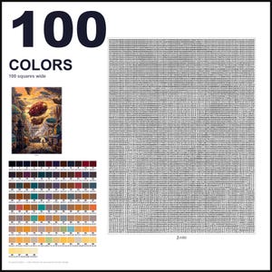 May include: A paint-by-numbers pattern featuring a grid of 100 squares wide, a small color reference image of airships in a landscape, and a detailed palette of 100 numbered color swatches with corresponding hex codes for a complex art project.
