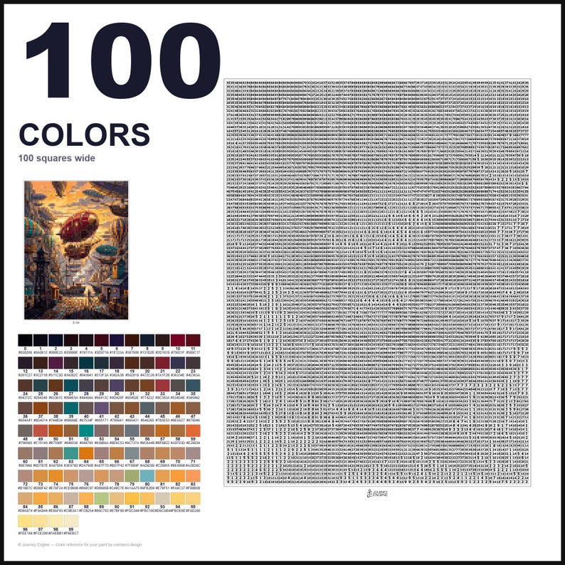 May include: A paint-by-numbers pattern featuring a grid of 100 squares wide, a small color reference image of airships in a landscape, and a detailed palette of 100 numbered color swatches with corresponding hex codes for a complex art project.