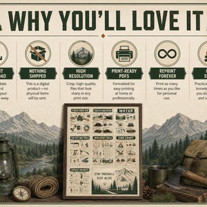 K&ouml;nnte beinhalten: Ein digitales Poster mit dem Titel WHY YOU'LL LOVE IT, das sechs Symbole f&uuml;r sofortigen Download, keinen Versand, hohe Aufl&ouml;sung, druckfertige PDFs, unbegrenztes Nachdrucken und praktische F&auml;higkeiten sowie eine &Uuml;berlebensanleitung zeigt.