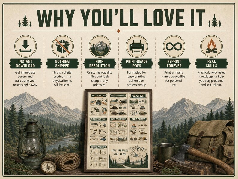 K&ouml;nnte beinhalten: Ein digitales Poster mit dem Titel WHY YOU'LL LOVE IT, das sechs Symbole f&uuml;r sofortigen Download, keinen Versand, hohe Aufl&ouml;sung, druckfertige PDFs, unbegrenztes Nachdrucken und praktische F&auml;higkeiten sowie eine &Uuml;berlebensanleitung zeigt.