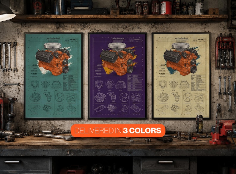 Op de afbeelding: Drie ingelijste wandplaten met technische diagrammen van een 426 Hemi NASCAR-motor. Elke print toont een oranje motorillustratie met zwarte kleppendeksels, technische specificaties en componentenschetsen in groenblauw, paars en beige.