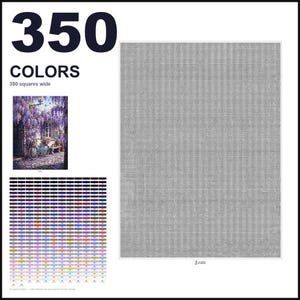May include: A paint-by-numbers canvas kit featuring a large gray grid, a small reference image of a bicycle parked by a stone wall with purple wisteria flowers, and a color palette chart labeled 350 COLORS and 350 squares wide.