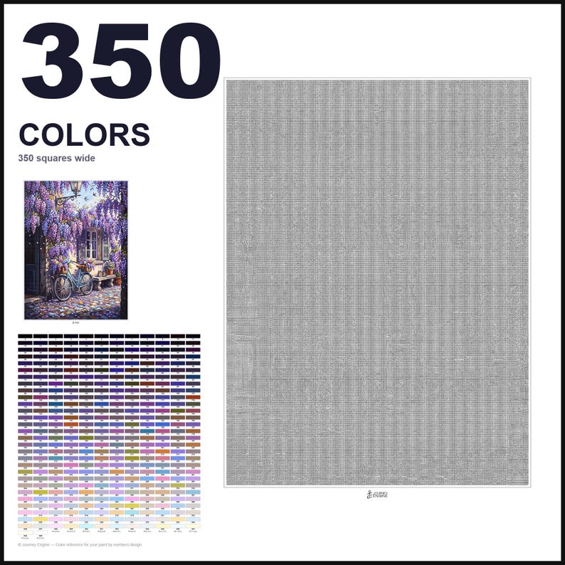 May include: A paint-by-numbers canvas kit featuring a large gray grid, a small reference image of a bicycle parked by a stone wall with purple wisteria flowers, and a color palette chart labeled 350 COLORS and 350 squares wide.
