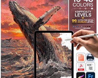 Whale Paint by Numbers Digital | 5 Levels 16-96 Colors | Svg Pdf Png Procreate | Humpback Whale Breaching Pacific Sunset Printable Wall Art