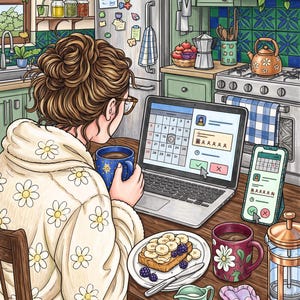 May include: A digital illustration of a person in a cream-colored daisy-print robe sitting at a wooden table with a laptop, a smartphone, a blue mug, a plate of banana and blackberry toast, a red floral mug, and a glass French press coffee maker.