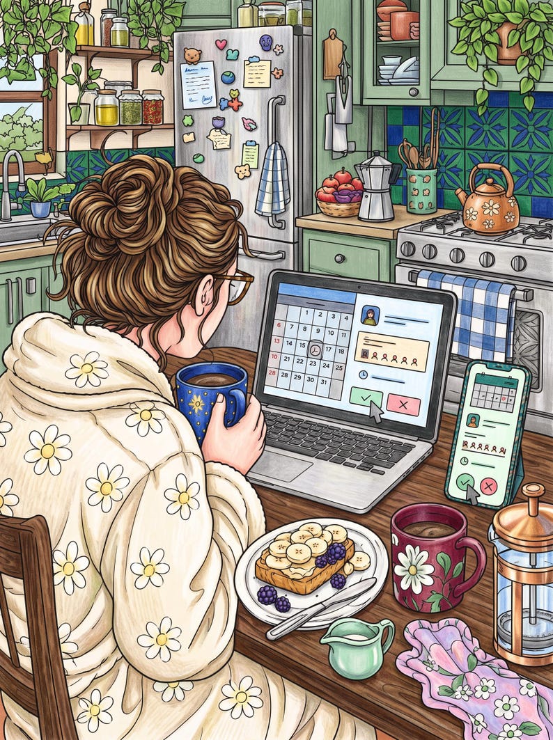 May include: A digital illustration of a person in a cream-colored daisy-print robe sitting at a wooden table with a laptop, a smartphone, a blue mug, a plate of banana and blackberry toast, a red floral mug, and a glass French press coffee maker.