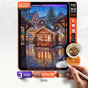 May include: A digital art file for Procreate titled Christmas Market at Blue Hour, featuring a snowy European market scene with wooden stalls, a carousel, and cobblestone streets. The interface includes 92k squares, 350 colors, and 3 levels.
