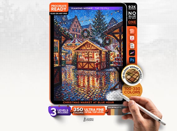 Christmas Market at Blue Hour digital diamond painting mystery mosaic for iPad, Winter Mosaic