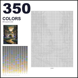 May include: A paint-by-numbers pattern featuring a forest landscape with a small cabin, a stream, and blue flowers. The design includes a grid of 350 colors, a reference image, and a large, light gray grid area that is 350 squares wide for painting.