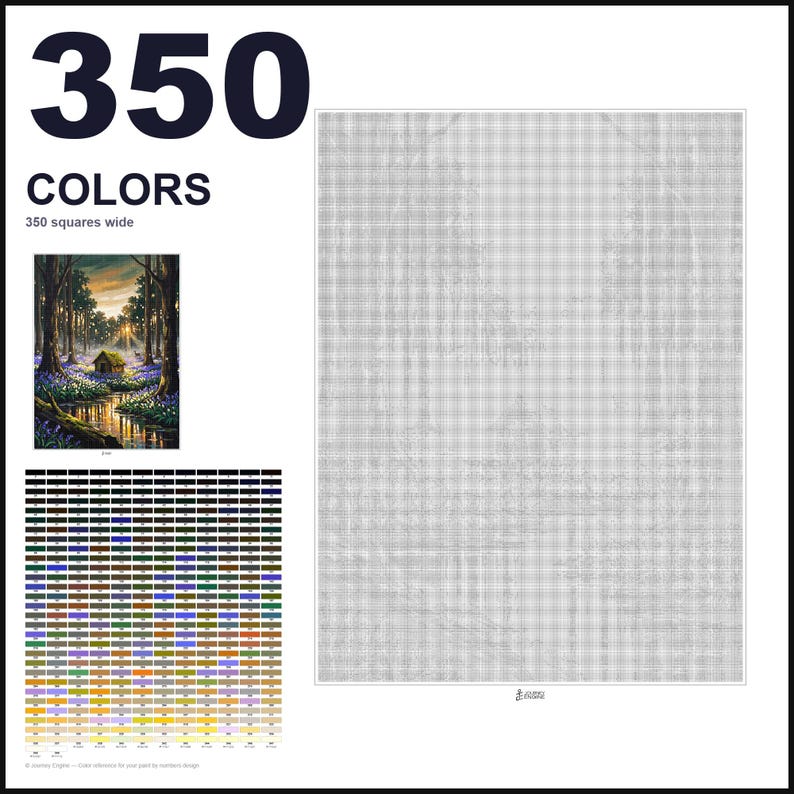 May include: A paint-by-numbers pattern featuring a forest landscape with a small cabin, a stream, and blue flowers. The design includes a grid of 350 colors, a reference image, and a large, light gray grid area that is 350 squares wide for painting.