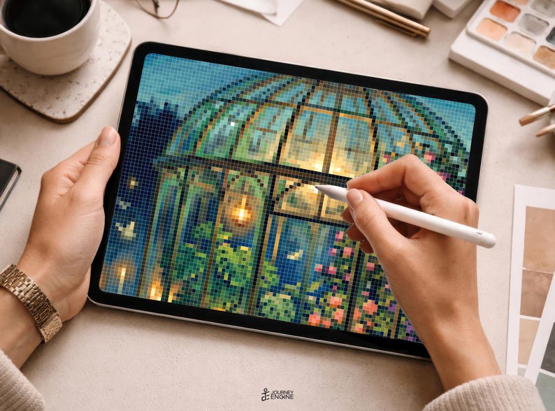 May include: A digital tablet displaying a pixel art illustration of a glass greenhouse at night, featuring glowing interior lights, lush green plants, and pink flowers. The screen shows a grid-based design with a white stylus resting on the surface.