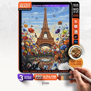 May include: A digital art file for Procreate featuring the Eiffel Tower surrounded by a field of colorful flowers. The interface includes text labels like Procreate Ready, 92K Squares, 3D Glossy Mosaic Effect, and 350 Ultra Fine Detail Top Level.