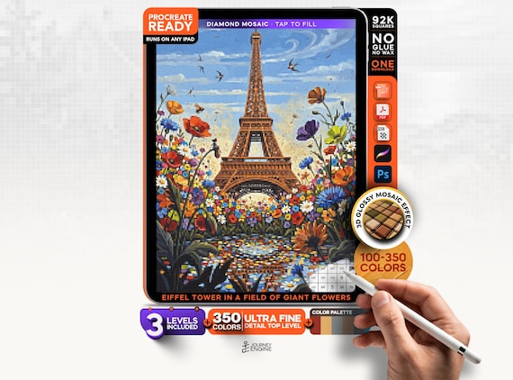 Eiffel Tower digital diamond painting mystery mosaic for iPad, In a Field of Giant Flowers, Paris