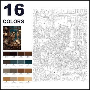 May include: A paint-by-numbers kit featuring an owl surrounded by clocks and gears. The image includes a small color reference, a numbered outline template, and a palette of 16 colors with corresponding RGB values for each numbered section.