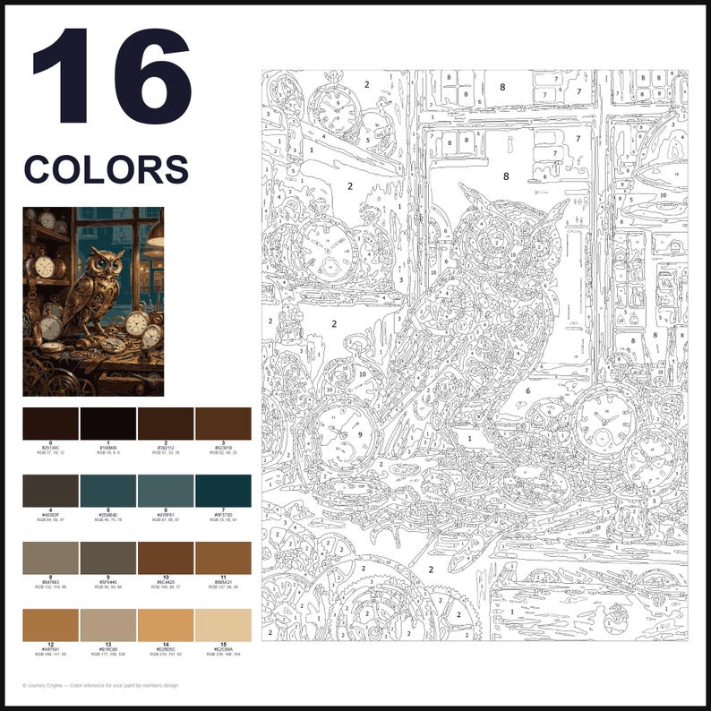 May include: A paint-by-numbers kit featuring an owl surrounded by clocks and gears. The image includes a small color reference, a numbered outline template, and a palette of 16 colors with corresponding RGB values for each numbered section.