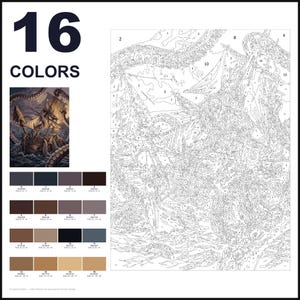 May include: A paint-by-numbers kit featuring a large outline drawing of a ship being attacked by a giant sea creature. The kit includes a small color reference image, a numbered grid for painting, and a palette of 16 distinct color swatches.