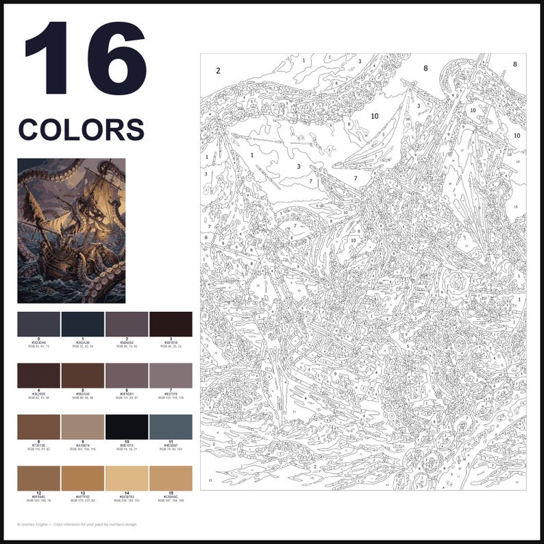 May include: A paint-by-numbers kit featuring a large outline drawing of a ship being attacked by a giant sea creature. The kit includes a small color reference image, a numbered grid for painting, and a palette of 16 distinct color swatches.