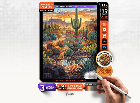 Cactus Garden Sunset digital diamond painting mystery mosaic for iPad, Desert Mosaic