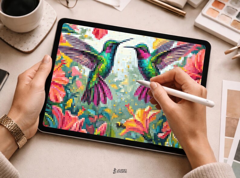 May include: A tablet screen displaying a pixel art illustration of two hummingbirds facing each other, surrounded by vibrant pink, orange, and yellow flowers. The digital artwork features a grid-like texture with a stylus held over the display.