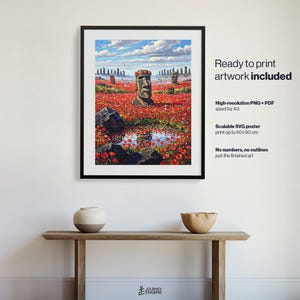 May include: A framed digital art print featuring a Moai statue wearing a flower crown in a field of red poppies with a small pond in the foreground. The text reads: Ready to print artwork included, High-resolution PNG + PDF sized for A3, Scalable SVG poster print up to 60x90 cm, No numbers, no outlines just the finished art.