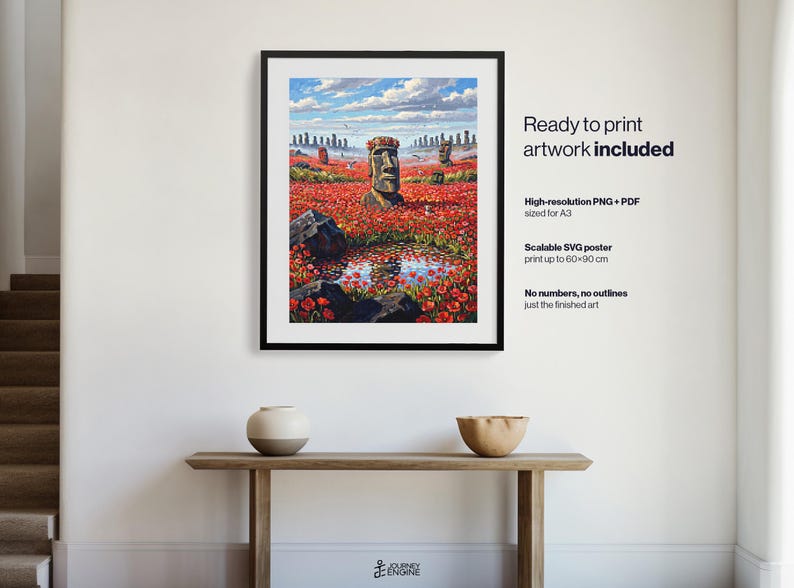 May include: A framed digital art print featuring a Moai statue wearing a flower crown in a field of red poppies with a small pond in the foreground. The text reads: Ready to print artwork included, High-resolution PNG + PDF sized for A3, Scalable SVG poster print up to 60x90 cm, No numbers, no outlines just the finished art.